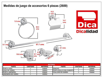 DICA, Juego de Accesorios de 6 Piezas, Zamak, Acabado Cromo, Funcionamiento Sostener o Contener Agua, Jabon, Toallas, Batas, según el Producto es su Aplicación, 2600