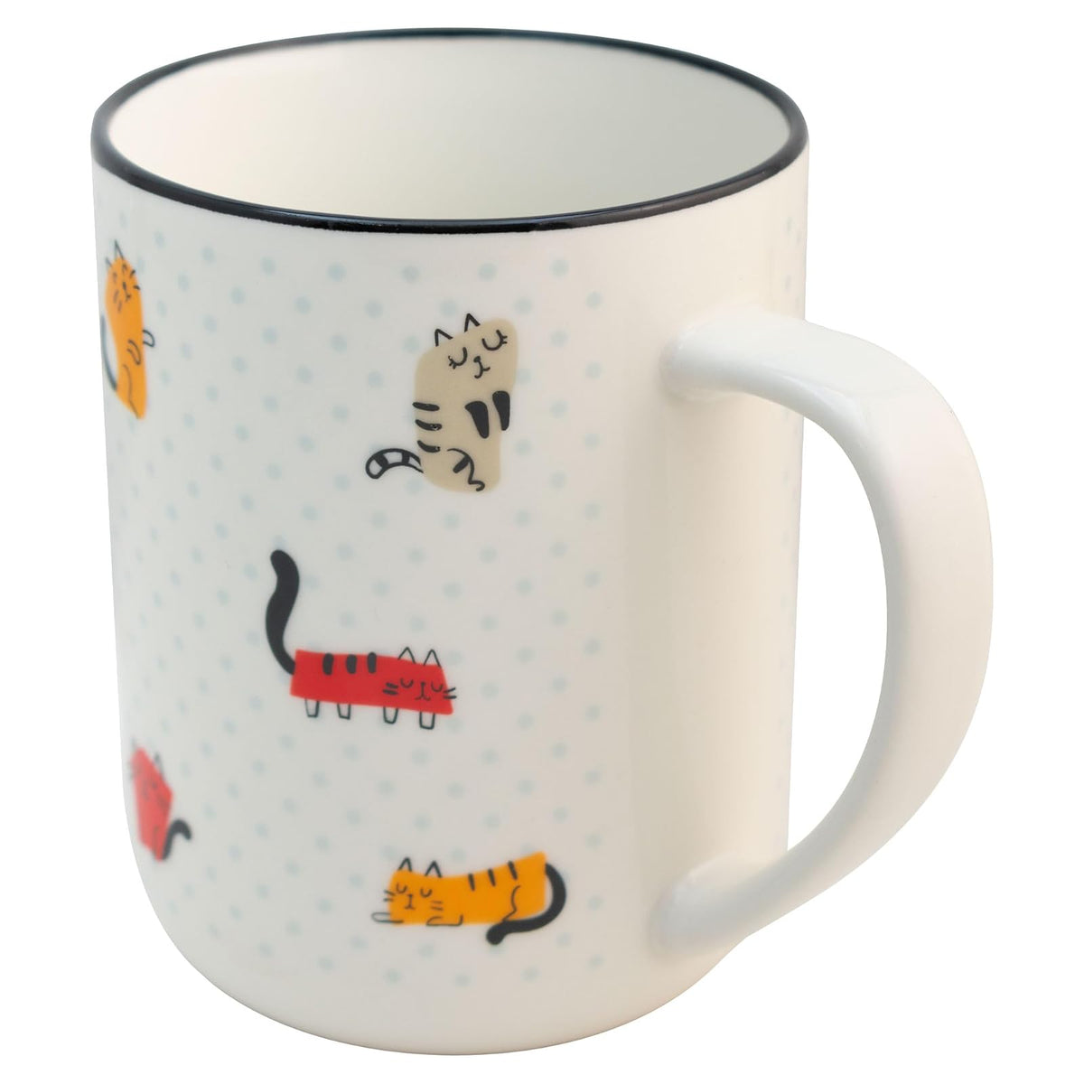 Tarro con borde negro con tematica de gatitos capacidad 620ml, taza para cafe, té, leche.