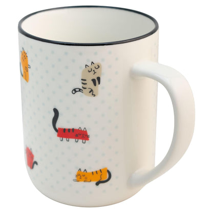 Tarro con borde negro con tematica de gatitos capacidad 620ml, taza para cafe, té, leche.