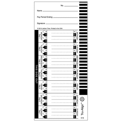 Lathem TruAlign E16 - Tarjetas de tiempo para 1600E, semanal, 1 cara, 4 x 9 pulgadas, blanco, caja de 100 (E16-100)