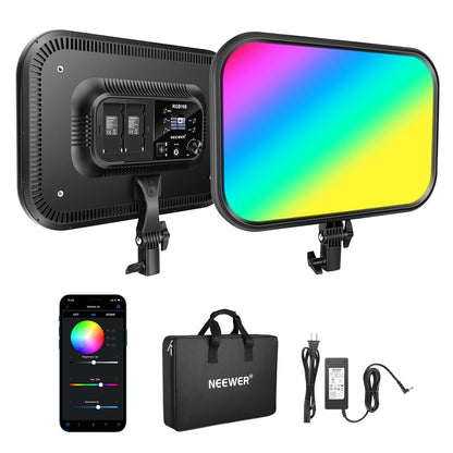 NEEWER Panel de Luz de Video LED RGB de 18,3" con Control de Aplicación, 360° a Todo Color, 60W Regulable 2500K ~ 8500K RGB168 Panel LED CRI/TLCI 97+ con 17 Efectos de Escenas