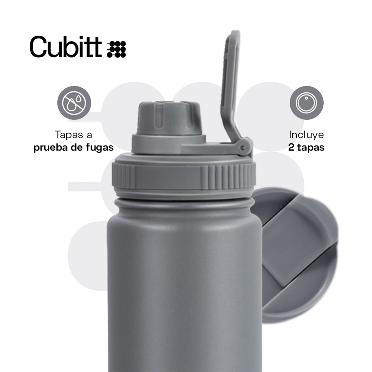CUBITT, Termo Dos Tapas 710 ml, Botella de Agua 24 oz para Deportes, Con Tapa para Café y Tapa Deportiva de Boca Ancha, Termo de Acero Inoxidable, Guarda Frío 24 Horas y Calor 12 Horas, Gris
