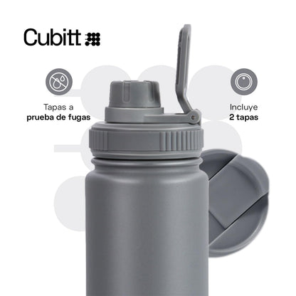 CUBITT, Termo Dos Tapas 710 ml, Botella de Agua 24 oz para Deportes, Con Tapa para Café y Tapa Deportiva de Boca Ancha, Termo de Acero Inoxidable, Guarda Frío 24 Horas y Calor 12 Horas, Gris
