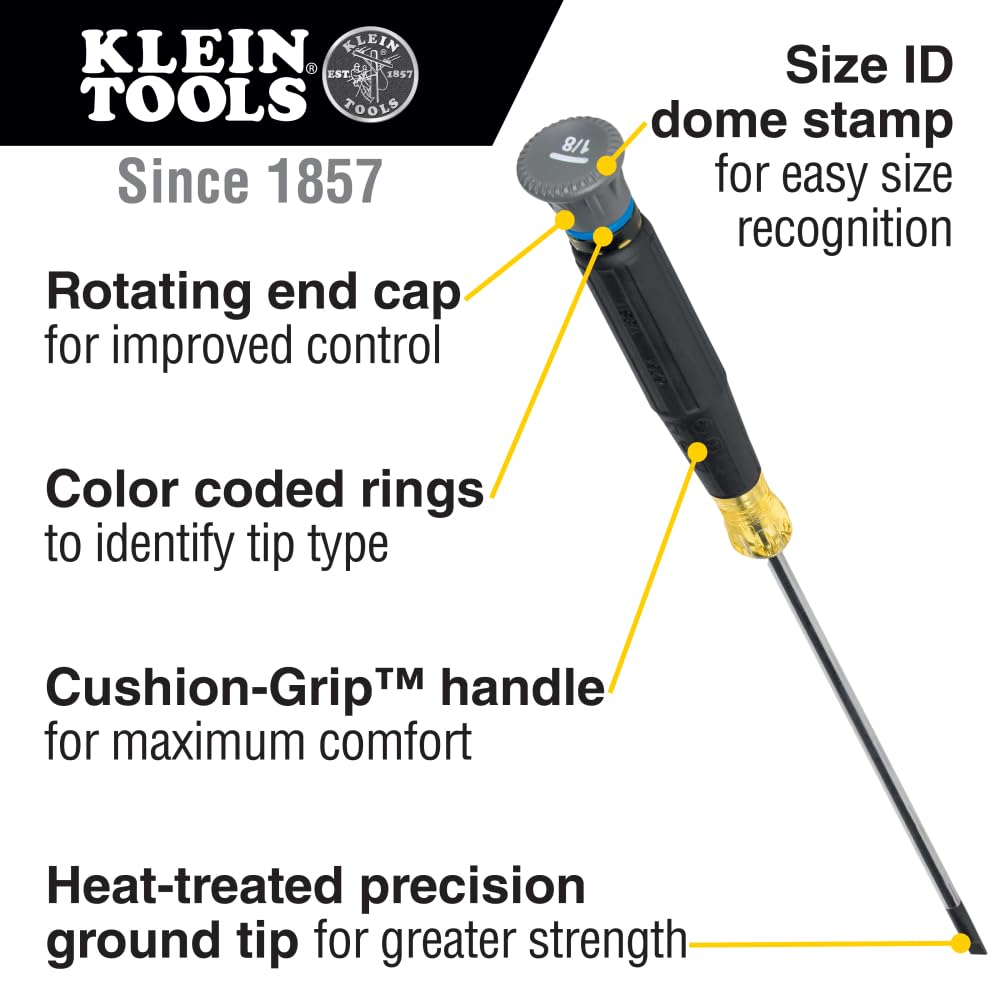 Klein Tools 6254 Mini destornillador de precisión, ranurado de 1/8 pulgadas, cuenta con mango de cojín, tapa giratoria, anillo codificado por colores, vástago de 4 pulgadas