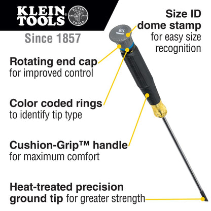Klein Tools 6254 Mini destornillador de precisión, ranurado de 1/8 pulgadas, cuenta con mango de cojín, tapa giratoria, anillo codificado por colores, vástago de 4 pulgadas