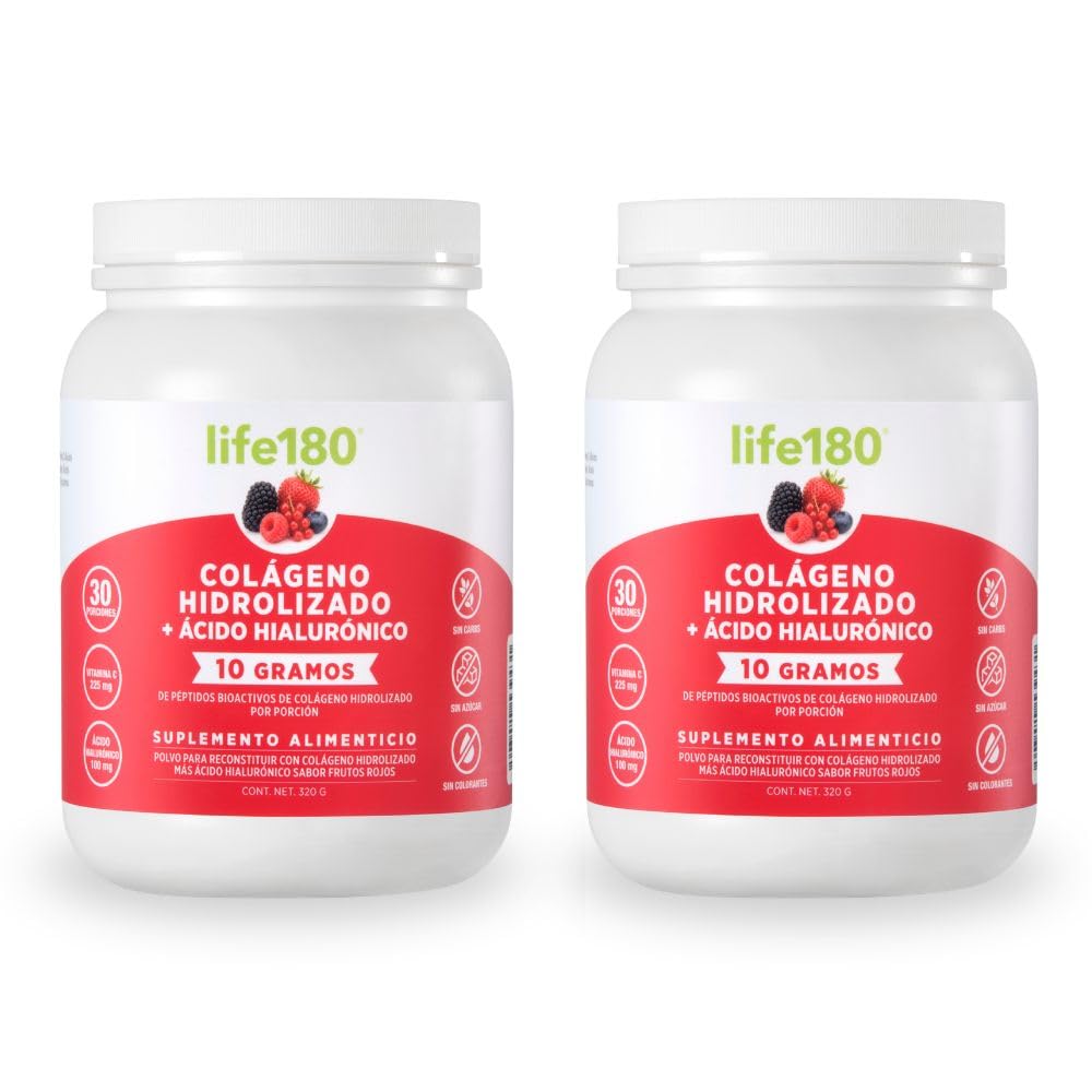 Life180 Colágeno Hidrolizado con Biotina y Vitamina E Sabor Naranja, Pack de 2 - Ácido Hialurónico - 2 Envases de 320g cada uno con 640g totales
