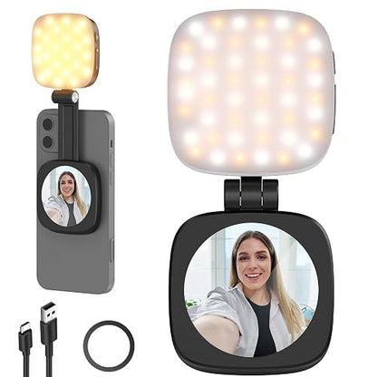 NEEWER BÁSICO Luz Selfie Magnética Compatible con MagSafe iPhone, CRI95 700lx/0,3m Aro Relleno LED Plegable Iluminación con Espejo para Zoom Maquillaje Foto Grabación Videoconferencia, Negro NL48B