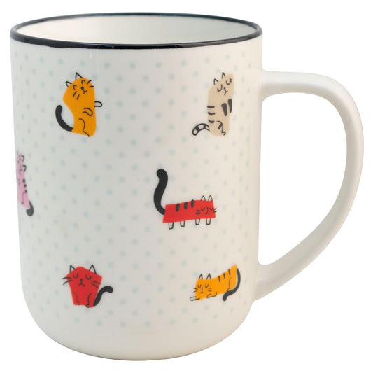 Tarro con borde negro con tematica de gatitos capacidad 620ml, taza para cafe, té, leche.