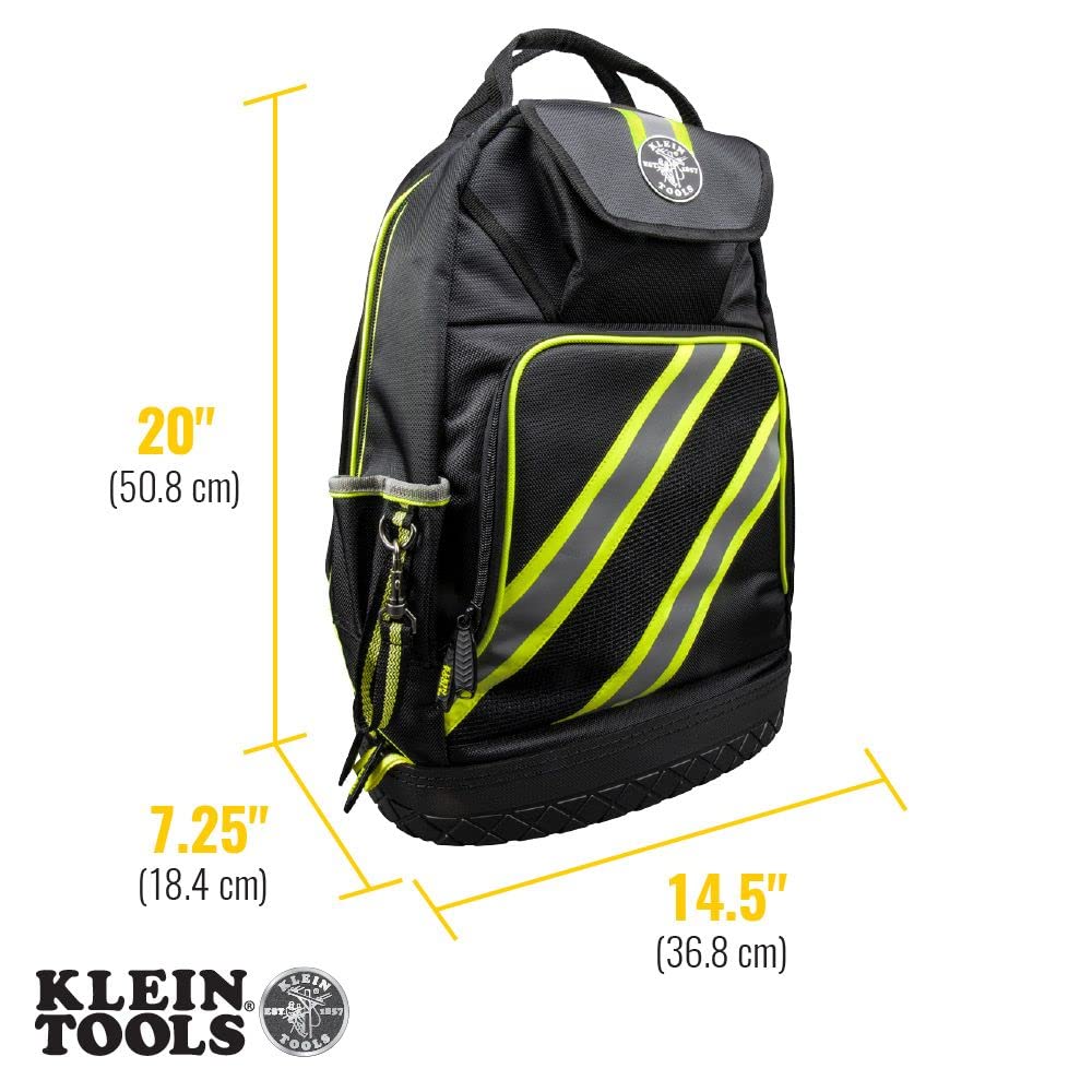 Klein Tools 55597 Mochila para bolsa de herramientas, organizador de herramientas Tradesman Pro con 39 bolsillos, reflectante de alta visibilidad, correas acolchadas para el hombro, base moldeada