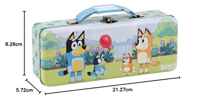 The Tin Box Company - Caja de lápices Bluey con cierre de mango y bisagra, modelo: 479407-12, caja de lápices con asa, 8-3/8 x 3-3/8 x 2-1/4 pulgadas de profundidad con bisagra y cierre