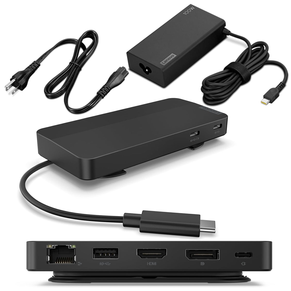 Lenovo USB-C Dual Display Travel Dock con Adaptador de Corriente de 100 W, 7 Puertos, Cable USB-C Integrado, compatibilidad Universal, Pantallas Dobles a 4K, Negro