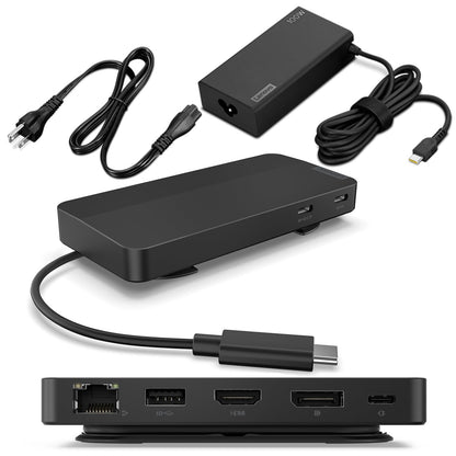 Lenovo USB-C Dual Display Travel Dock con Adaptador de Corriente de 100 W, 7 Puertos, Cable USB-C Integrado, compatibilidad Universal, Pantallas Dobles a 4K, Negro