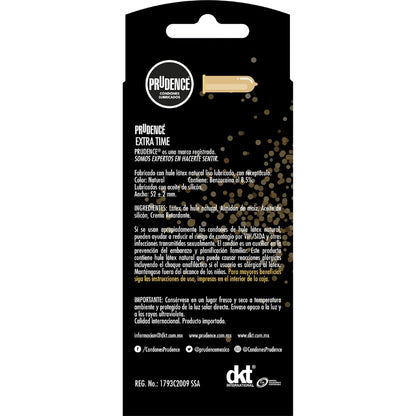 Prudence Extra Time Condones Retardantes 10 Pzs | Sin aroma, lubricados, látex natural, sensación natural, efecto retardante