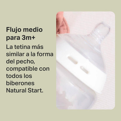 Tommee Tippee Tetinas para Biberón Natural Start, Flujo Medio, 3m+ | Paquete de 6, Tipo Pecho para Agarre Natural, Válvula Anticólicos, Silicona Suave, Libre de BPA