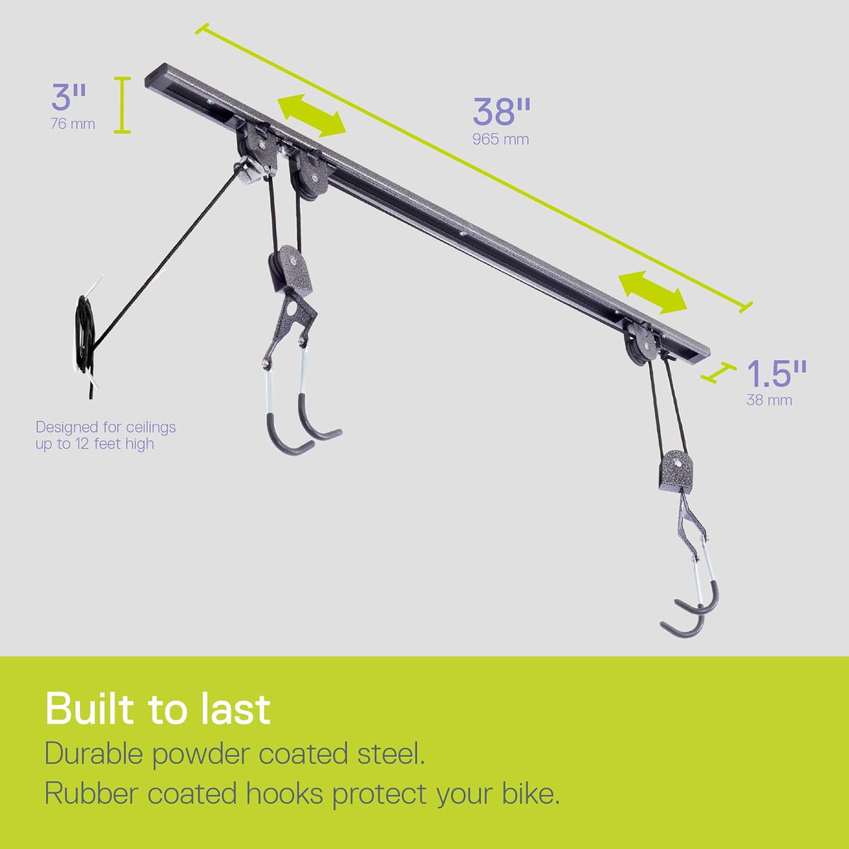 Bike Hoist for Garage with Utility Hooks Lift Storage - Heavy Duty for Space Saving - Road, Commuter & Mountain Bikes, Holds Kayaks & Ladders - No-Hassle Installation for Quick & Easy Access