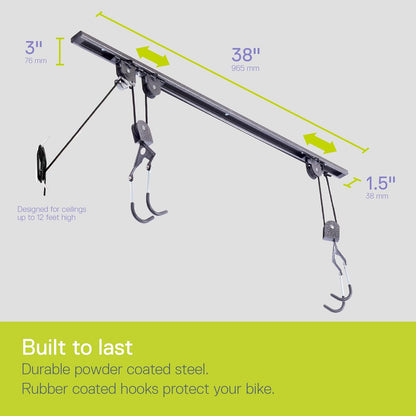 Bike Hoist for Garage with Utility Hooks Lift Storage - Heavy Duty for Space Saving - Road, Commuter & Mountain Bikes, Holds Kayaks & Ladders - No-Hassle Installation for Quick & Easy Access