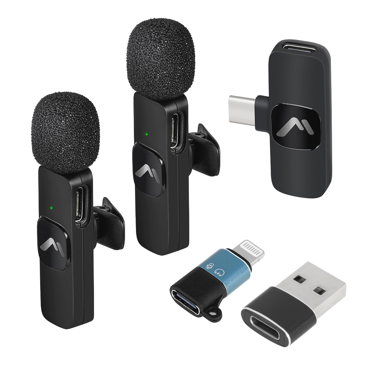 Mitzu Kit MICROFONOS LAVALIER para Todo Tipo DE Contenido DE Medios con REDUCCIÓN DE Ruido DSP/Wireless/Receptor Tipo C/USB/Lightning Negros