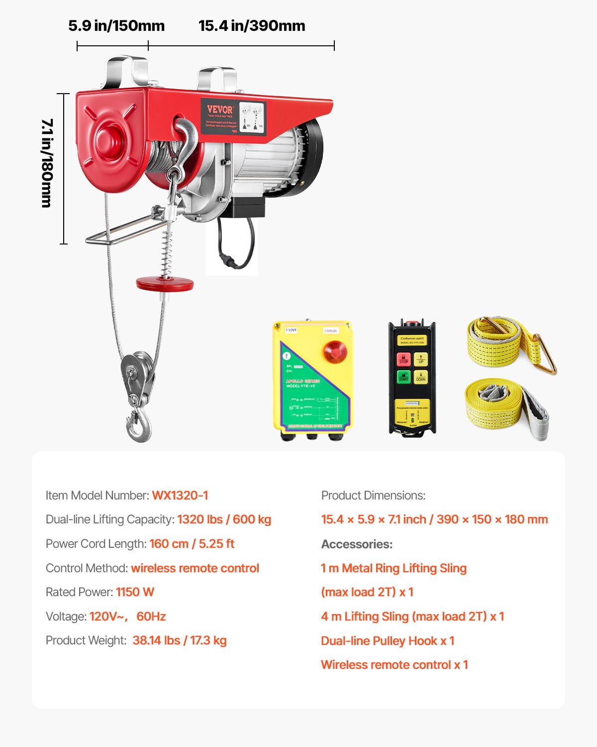 VEVOR - Polipasto eléctrico de 1200 libras con control remoto inalámbrico, polipasto eléctrico de 110 V con control remoto, altura de elevación de 40 pies/20 pies y motor de cobre puro, para fábrica