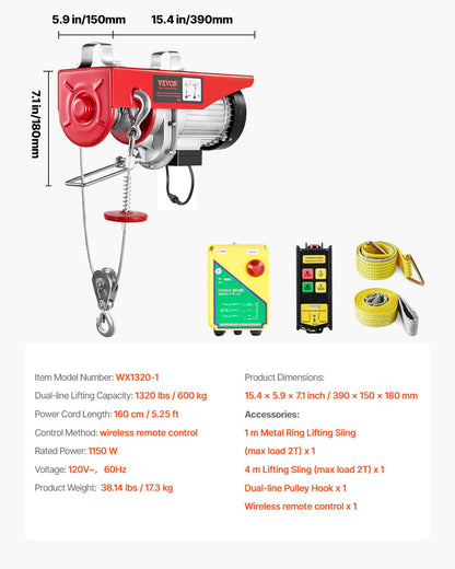 VEVOR - Polipasto eléctrico de 1200 libras con control remoto inalámbrico, polipasto eléctrico de 110 V con control remoto, altura de elevación de 40 pies/20 pies y motor de cobre puro, para fábrica