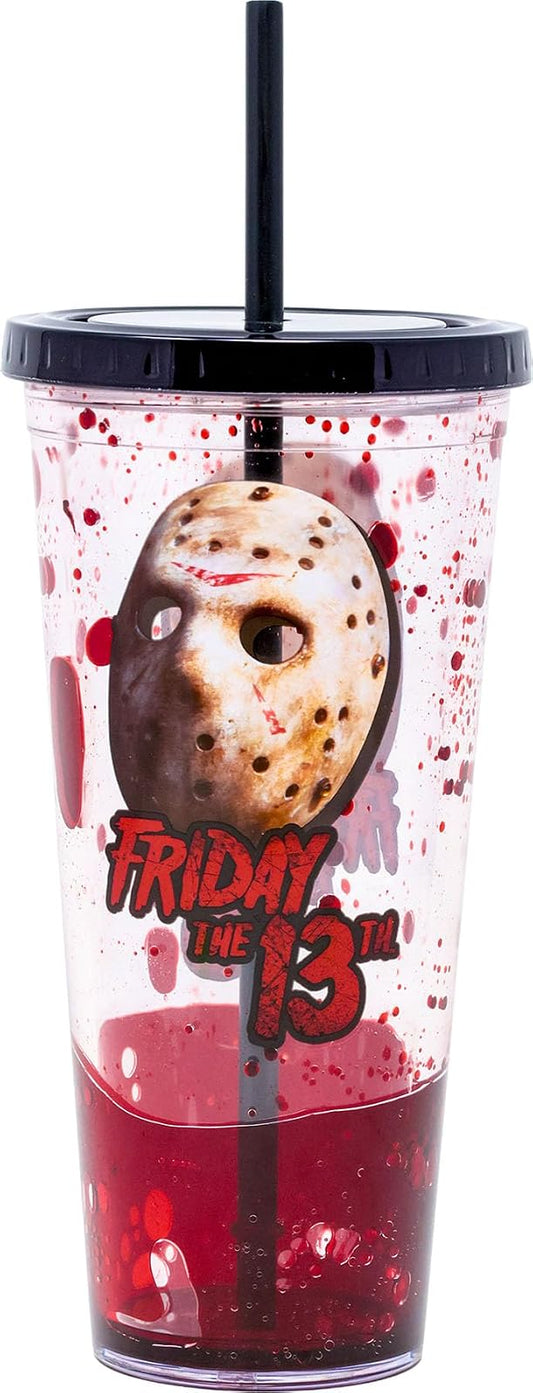 Spoontiques Viernes 13 Taza de Terror, 946ml - Taza Acrílica Llena de Líquido con Popote - Tapa con Cierre y Popote, Doble Pared Aislada, Libre de BPA