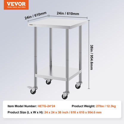 VEVOR Mesa de Trabajo de Acero Inoxidable 61 x 61 x 96,5 cm Mesa de Preparación de Alimentos con 4 Ruedas Mesa de Cocina Estante Ajustable en Altura para Cocina Restaurante Bar Garaje al Aire Libre