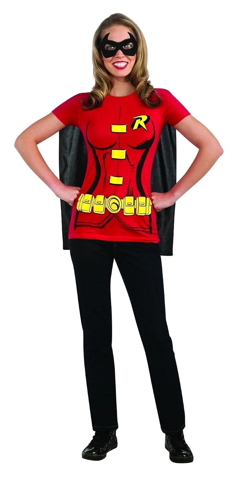 DC Comics Women's Robin T-Shirt With Cape And Eye Mask, Red