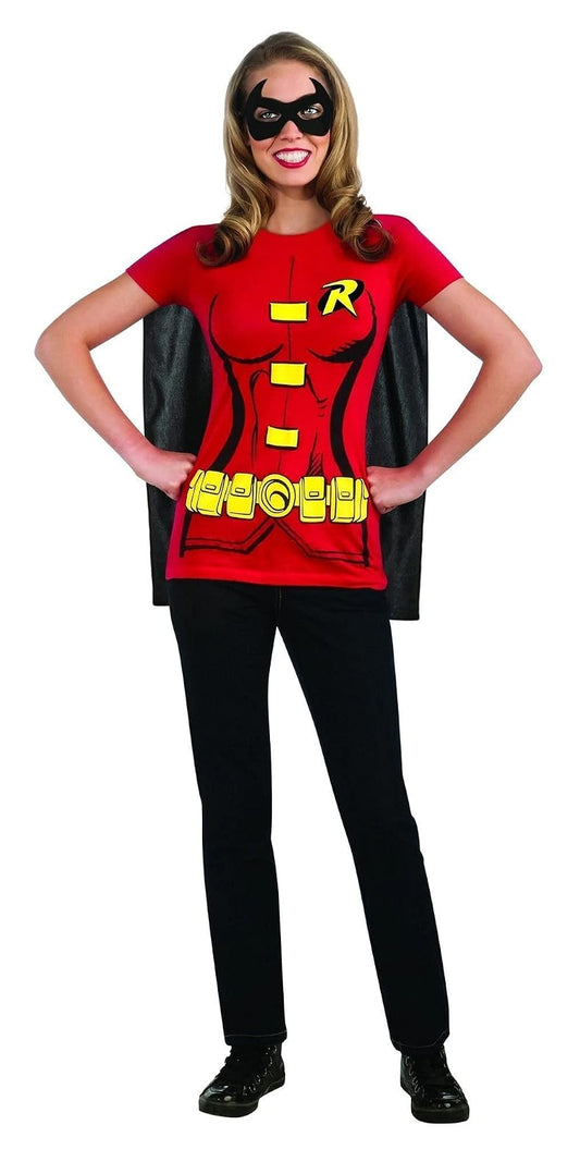 DC Comics Women's Robin T-Shirt With Cape And Eye Mask, Red