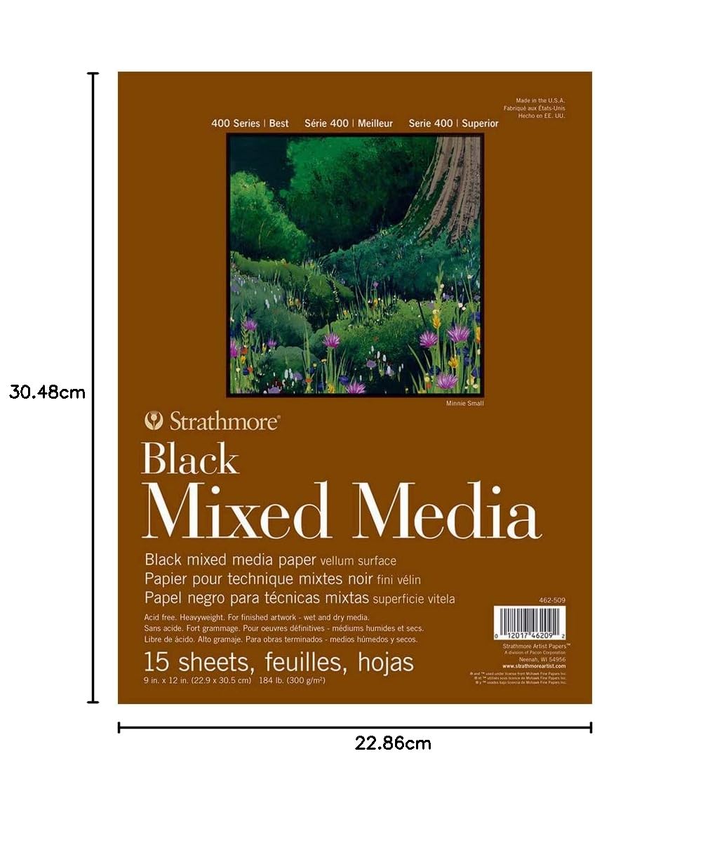 Strathmore 400 Series - Papel mixto para medios mixtos, negro, almohadilla plegable, 9 x 12 pulgadas, 15 hojas (300 g) - Papel de artista para adultos y estudiantes - Acuarela, Gouache, grafito,