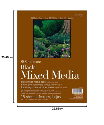Strathmore 400 Series - Papel mixto para medios mixtos, negro, almohadilla plegable, 9 x 12 pulgadas, 15 hojas (300 g) - Papel de artista para adultos y estudiantes - Acuarela, Gouache, grafito,