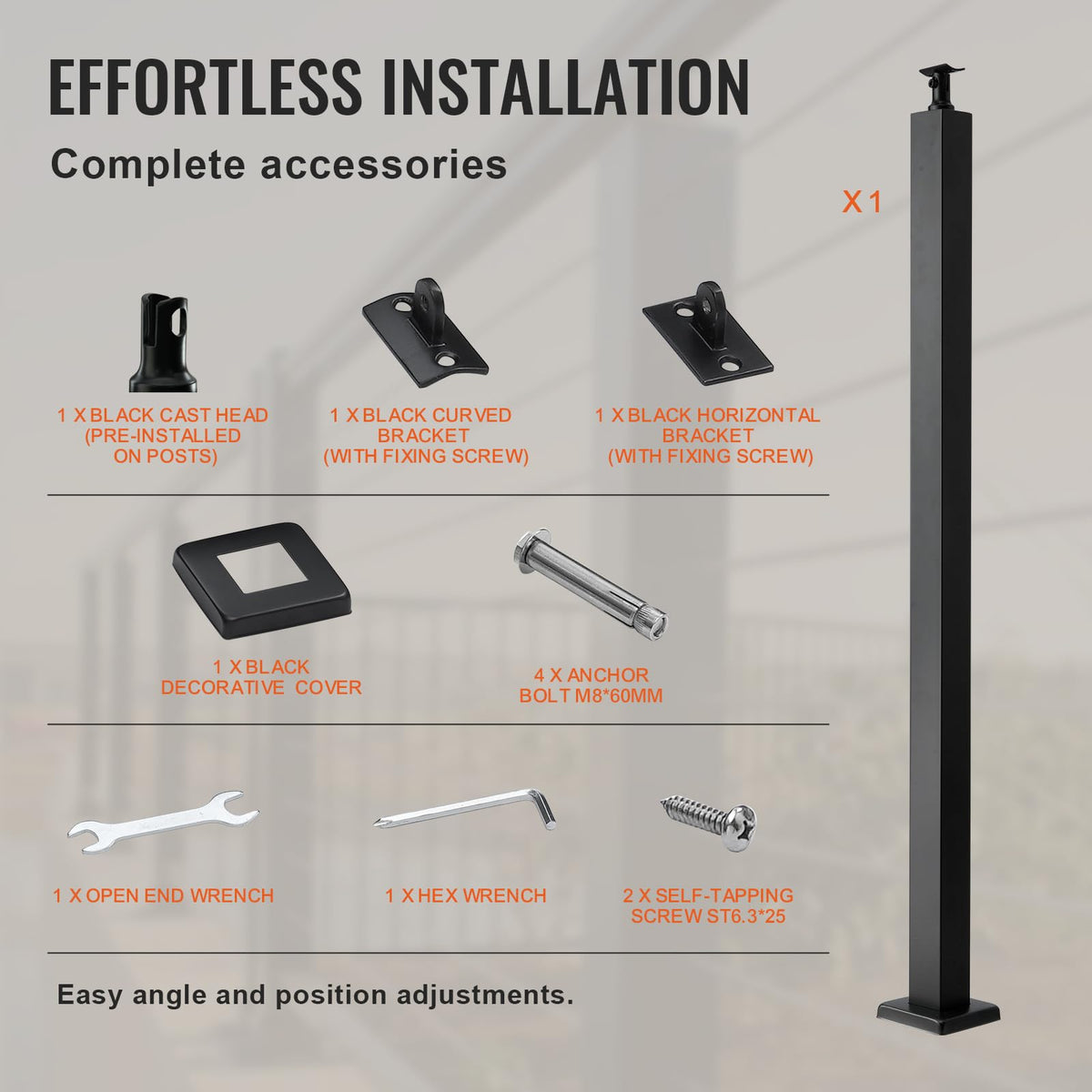 VEVOR - Poste de de cable, poste de de acero de 36 x 2 x 2 pulgadas sin agujeros, poste de riel de acero inoxidable SUS304, poste de de escalera con soporte horizontal