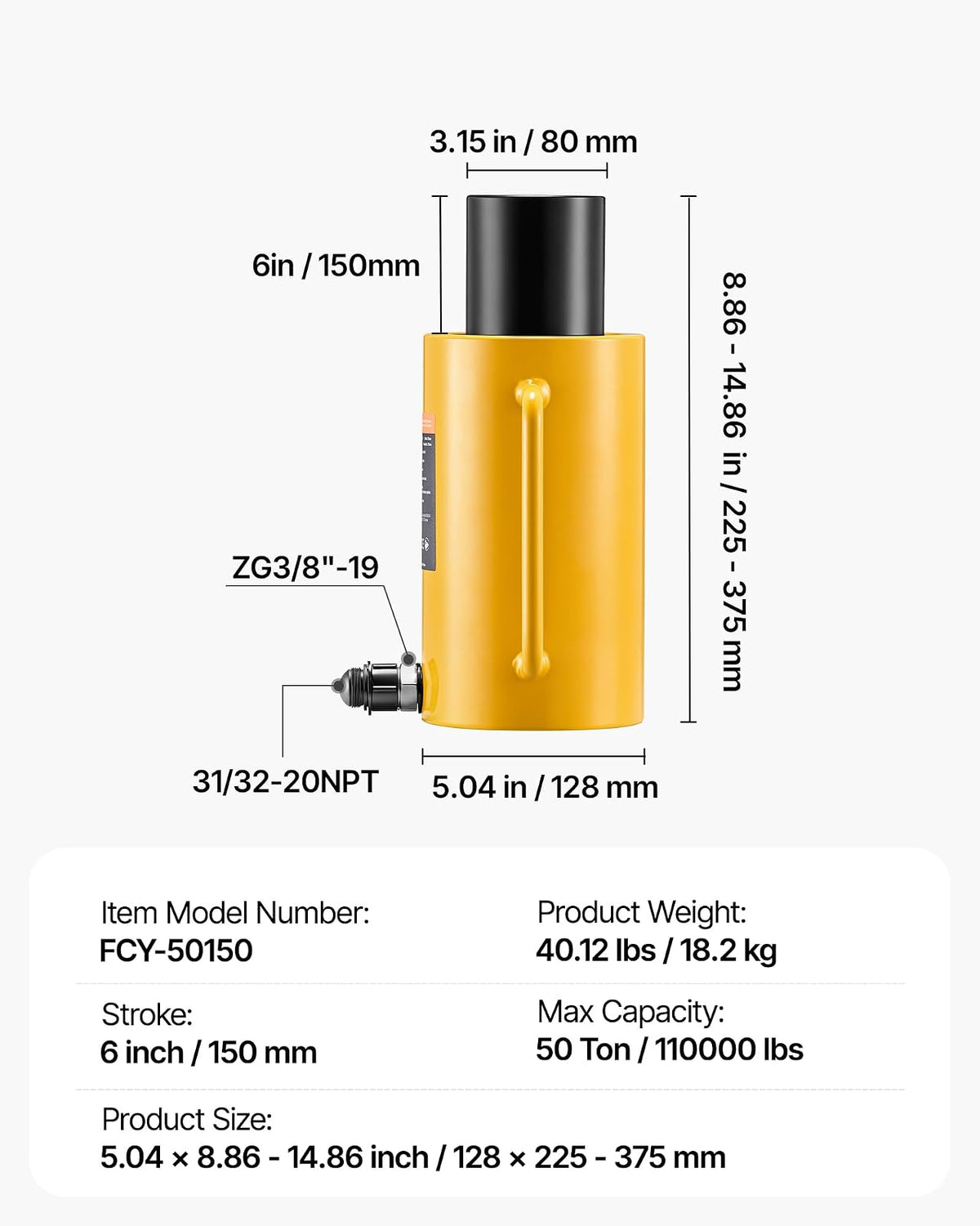 Mophorn 50T - Cilindro hidráulico de 6 Pulgadas de Carrera, Cilindro hidráulico sólido de Efecto único, Cilindros de elevación hidráulicos de 150 mm para Doblar, enderezar y Tirar de Camiones,