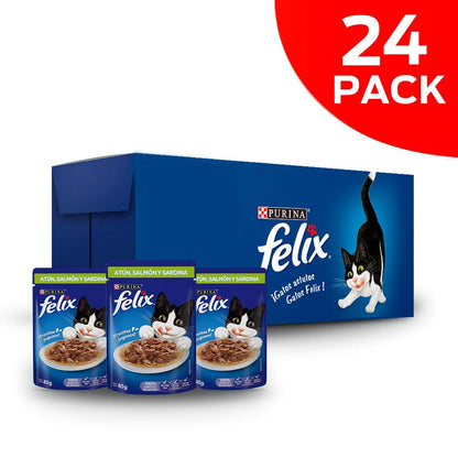 Felix Alimento Húmedo Sabor Atun Salmon y Sardina, Paquete con 24 Pzas de 85g