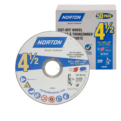 Norton - Juego de 50 ruedas cortadas, disco de corte de metal y acero inoxidable de alto rendimiento de 4 1/2 pulgadas, eje de 7/8 pulgadas, compatible con amoladoras angulares