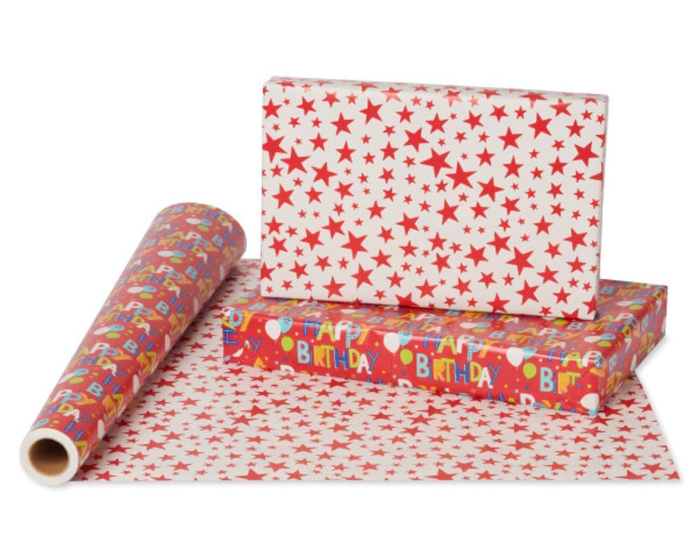 American Greetings 175 sq. Papel de regalo reversible, para cumpleaños, letras de feliz cumpleaños y estrellas (1 rollo jumbo, 30 pulgadas x 70 pies)