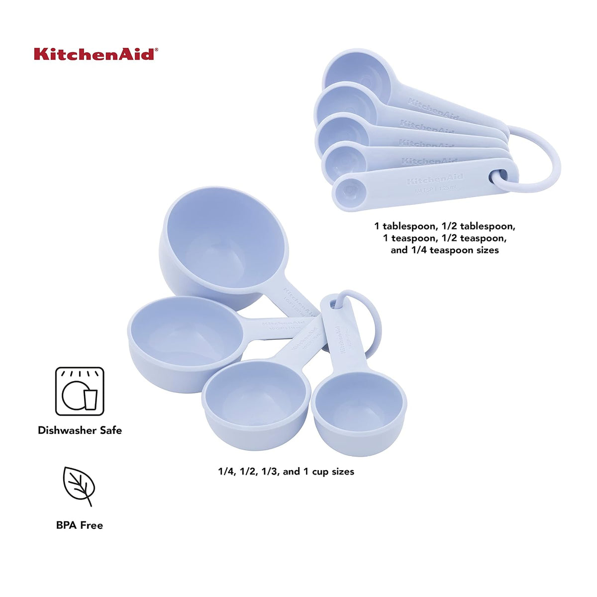 KitchenAid - Juego universal de tazas y cucharas medidoras fáciles de leer con mango suave para un máximo control, agujero para colgar y anidar para un fácil almacenamiento, apto para lavaplatos, 9