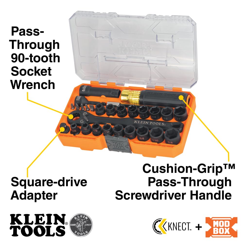 Klein Tools 65400KNECT KNECT Essential Pass Through Impact Socket Set, SAE y métrico, carraca de 90 dientes, funda MODbox, unidad de 3/8 pulgadas, 28 piezas