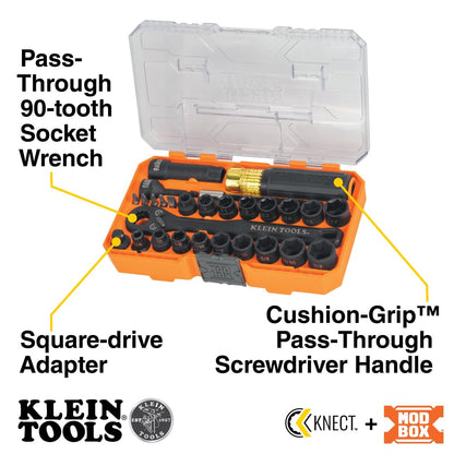 Klein Tools 65400KNECT KNECT Essential Pass Through Impact Socket Set, SAE y métrico, carraca de 90 dientes, funda MODbox, unidad de 3/8 pulgadas, 28 piezas