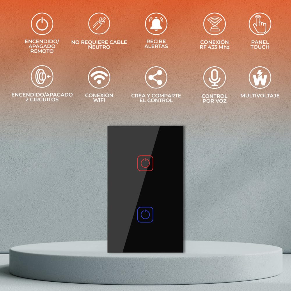 Tecnolite Connect - Apagador Inteligente Táctil WiFi 2 Circuitos, Sin Cable Neutro, Compatible con App móvil, Alexa, Google y Siri, Interruptor Inteligente