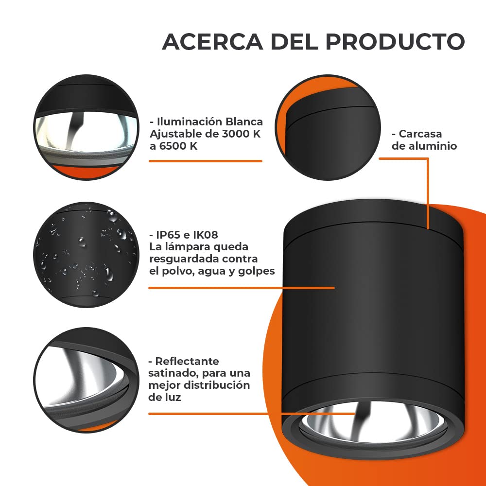 Tecnolite Lámpara Plafón LED de Sobreponer 15 W, Luz Blanca Configurable, IP65, IK08, Interior y Exterior, LED integrado