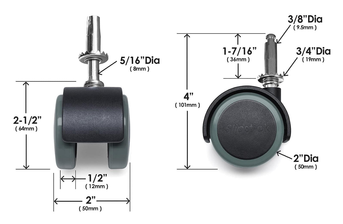 Slipstick CB681 - Ruedas protectoras de suelo de goma de 2 pulgadas (juego de 4) opciones de montaje de vástago o placa superior de 5/16 pulgadas, negro/gris verde