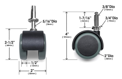 Slipstick CB681 - Ruedas protectoras de suelo de goma de 2 pulgadas (juego de 4) opciones de montaje de vástago o placa superior de 5/16 pulgadas, negro/gris verde