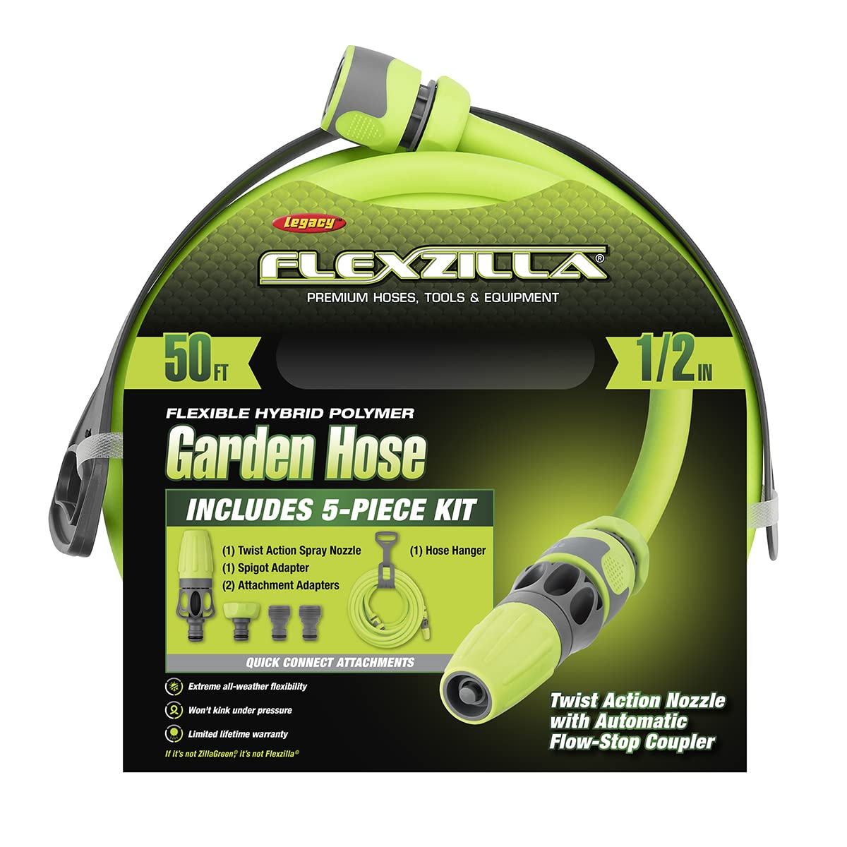 Flexzilla Garden Hose Kit with Quick Connect Attachments, 1/2 in. x 50 ft., Heavy Duty, Lightweight, ZillaGreen