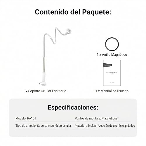 NEEWER BASICS Magnético Soporte Celular Escritorio, 360° Overhead Table Phone Holder Clamp Mount con Flexible Arm, Compatible con MagSafe iPhone Android Samsung para Grabación Video Cama, PA151 Blanco