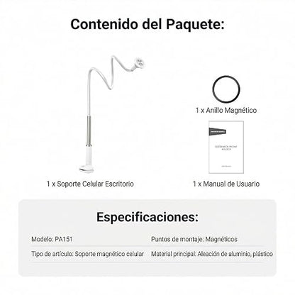 NEEWER BASICS Magnético Soporte Celular Escritorio, 360° Overhead Table Phone Holder Clamp Mount con Flexible Arm, Compatible con MagSafe iPhone Android Samsung para Grabación Video Cama, PA151 Blanco