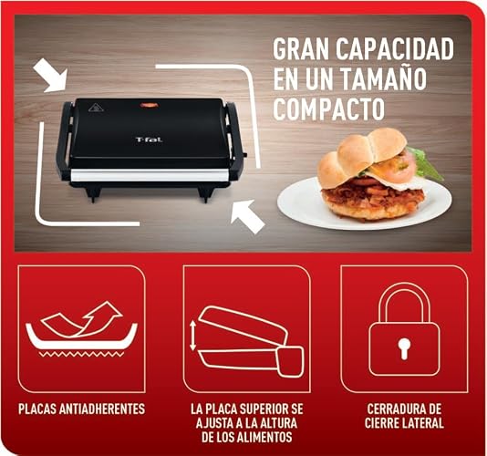 T-FAL Parrilla Grill Sandwichera Negra con Antiadherente | Prepara Paninis, tortas, sandwiches con facilidad. SW3318MX
