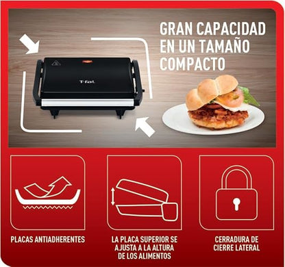 T-FAL Parrilla Grill Sandwichera Negra con Antiadherente | Prepara Paninis, tortas, sandwiches con facilidad. SW3318MX