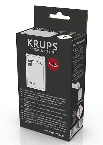 Krups Descalcificador en Polvo para Cafeteras F054001B | Elimina depósitos de cal, incluye 2 sobres y medidor de dureza de agua