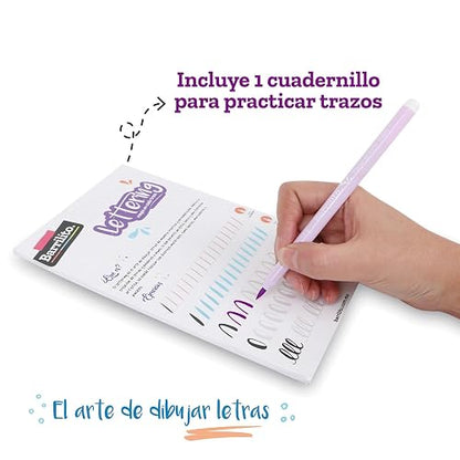 Barrilito Kit de Lettering con 5 Puntas Diferentes, Cuadernillo de Práctica y Cintas Washi