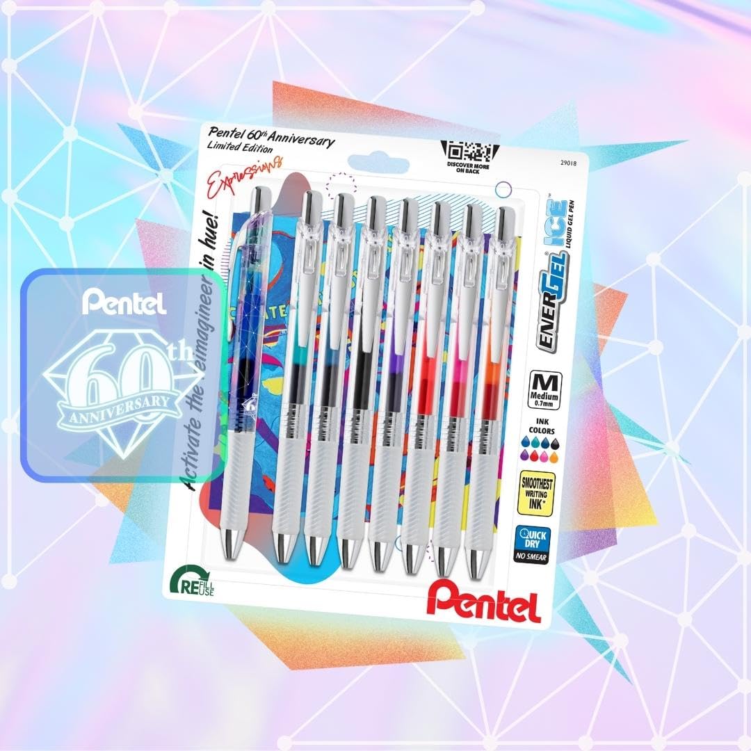 Pentel EnerGel Expressions, paquete de edición limitada del 60 aniversario, bolígrafos de gel líquido ICE (0,7 mm), línea media, colores de tinta surtidos, paquete de 8 (BL77TLABP8M)