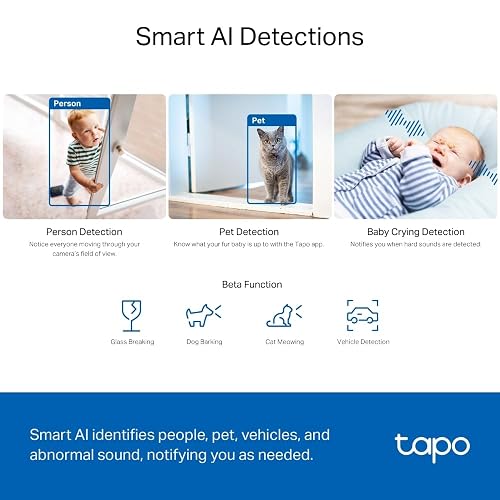Tapo TP-Link TC74, Cámara de Seguridad Interior 5MP, Detección Avanzada por IA (Personas/Mascotas/Vehículos/Llanto de Bebés), Visión Nocturna, Compatible con Alexa y Google Assistant